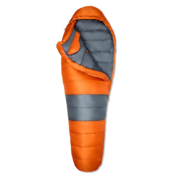 Marmot Eco 0° sleeping bag in a winter camping setting, highlighting its eco-friendly materials.