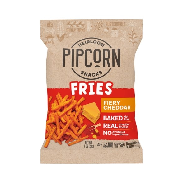Close-up of Pipcorn Fiery Cheddar Crunch Fries in a bowl, showcasing their crispy texture.