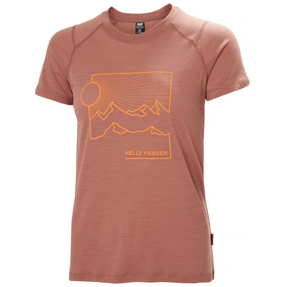 Front view of Helly Hansen TrekWool merino wool t-shirt for women, showcasing lightweight fabric ideal for trekking