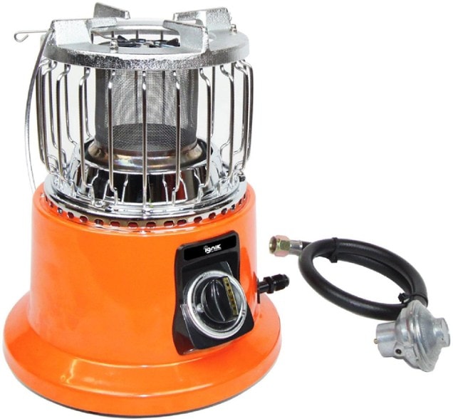 Ignik BlazePro 2-in-1 portable heater and camping stove front view with cast iron cooktop
