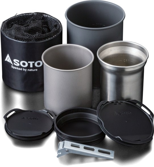 Soto ultralight cookset combo displayed outdoors with stacked cups