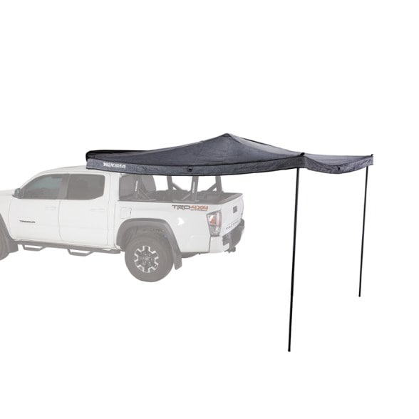 Close-up of Yakima 270° Premium Vehicle Awning deployed beside a campsite.