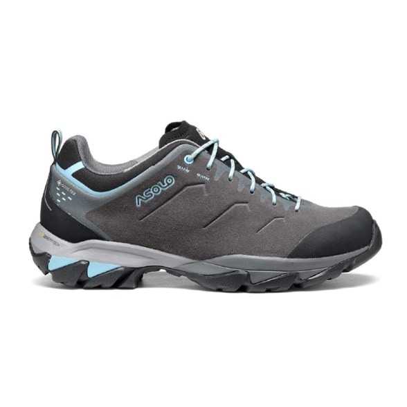 Side view of Asolo Acadia GTX TrailPro women's hiking shoes showing suede upper and lace-up design