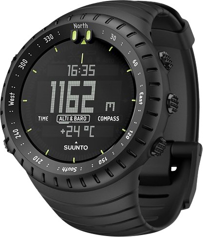 Suunto Core Adventure Watch displaying altimeter and compass features in a mountain setting.