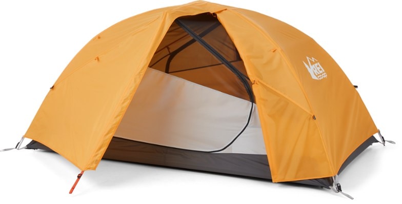 Front view of the REI Co-op Trail Hut 2-Person Tent with opened doors, highlighting its spacious design.