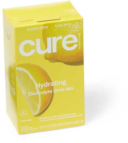 Front view of CureBoost electrolyte drink mix packet with vibrant fruit imagery