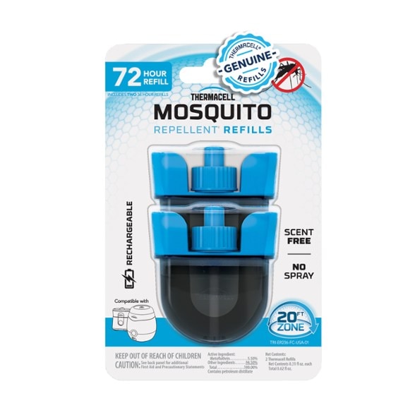 Close-up of Thermacell rechargeable mosquito repellent refill cartridge showing advanced scent-free formula