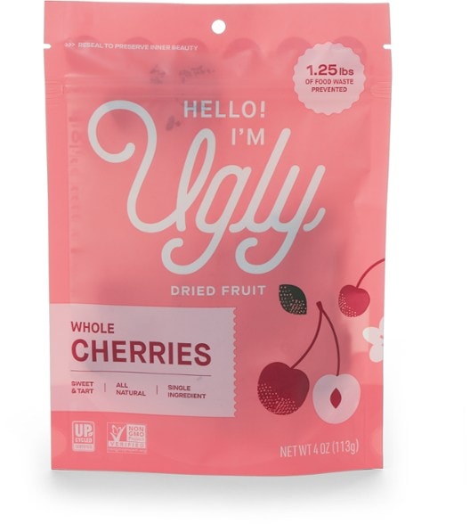 Upcycled dried whole cherries in eco-friendly packaging, ideal for outdoor adventures.