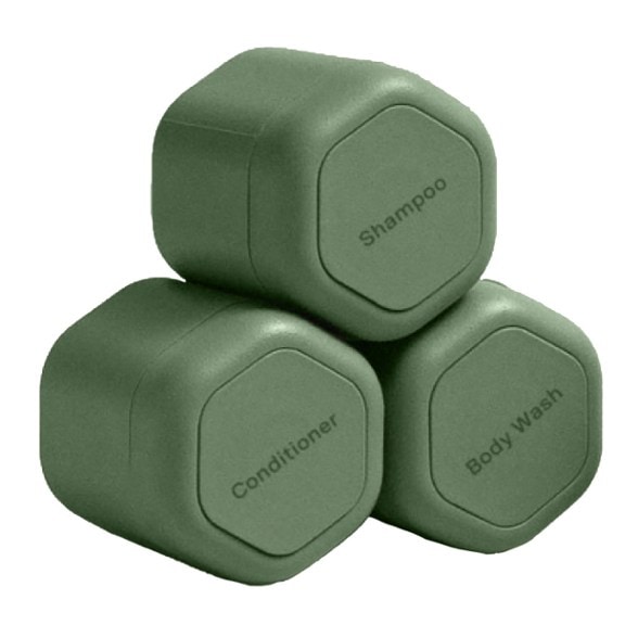 Top-down view of the travel shower set in a compact toiletry organizer for backpacking