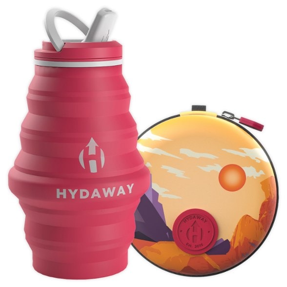 EcoHydrate 17 oz collapsible water bottle with travel case in a hiking setting.