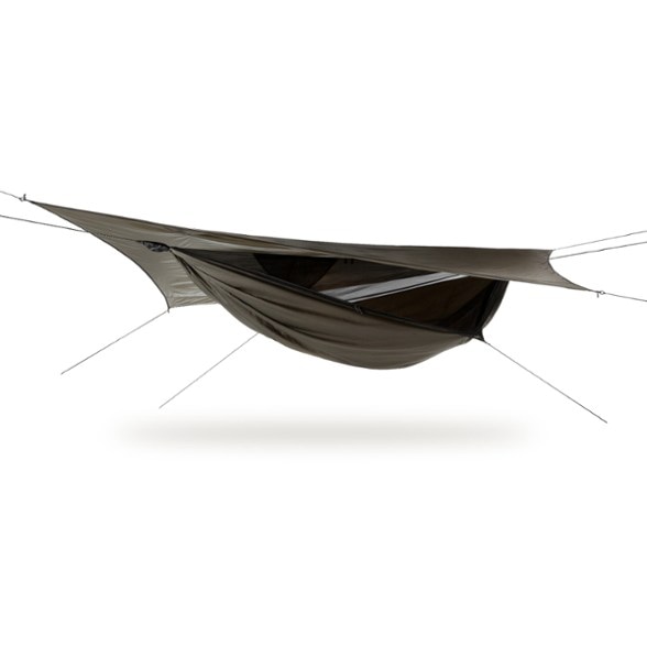 Explorer Deluxe Asym Zip Hammock with side entry and rainfly in a forest setting.