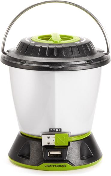 Lighthouse USB rechargeable lantern illuminating a campsite at night.
