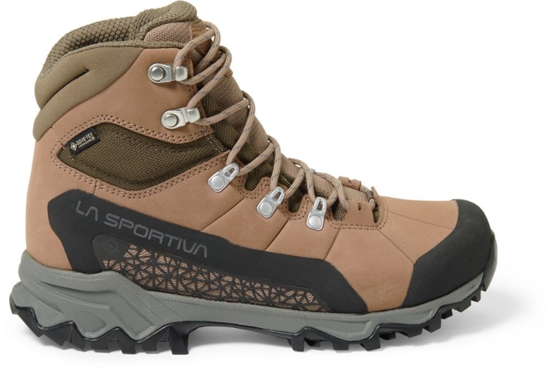 Side view of women's waterproof hiking boots with breathability showcasing nubuck leather and lacing system