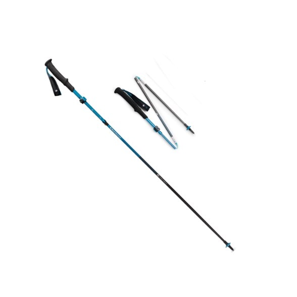 Side view of foldable carbon hiking poles with flicklock adjustment extended on rocky trail