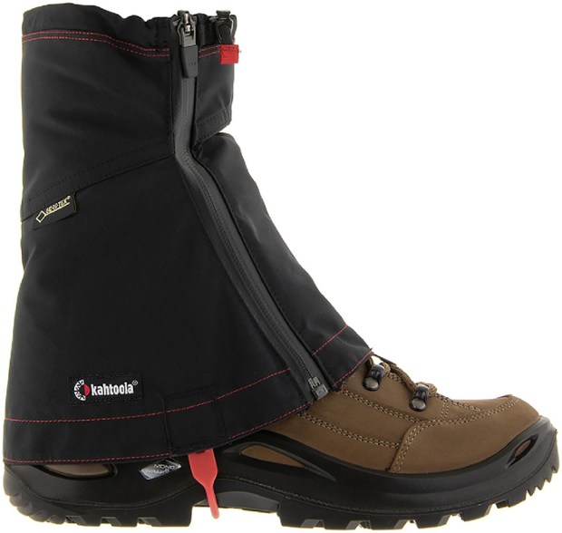 Side view of StormStride GTX hiking gaiters fitted over boots, showcasing water-resistant zippers and snug over-the-ankle height.