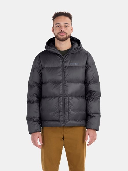 Front view of men's insulated jacket with hood in forest green, showing adjustable drawcord hood and zippered pockets