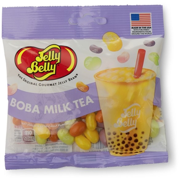 Close-up of boba milk tea jelly beans in a colorful assortment.