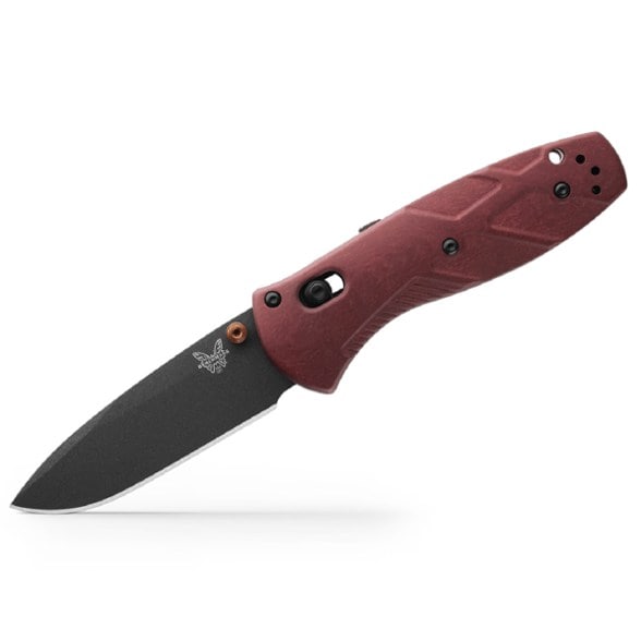 Benchmade Mini Barrage knife showing the sleek black blade and redstone handle from a side view.