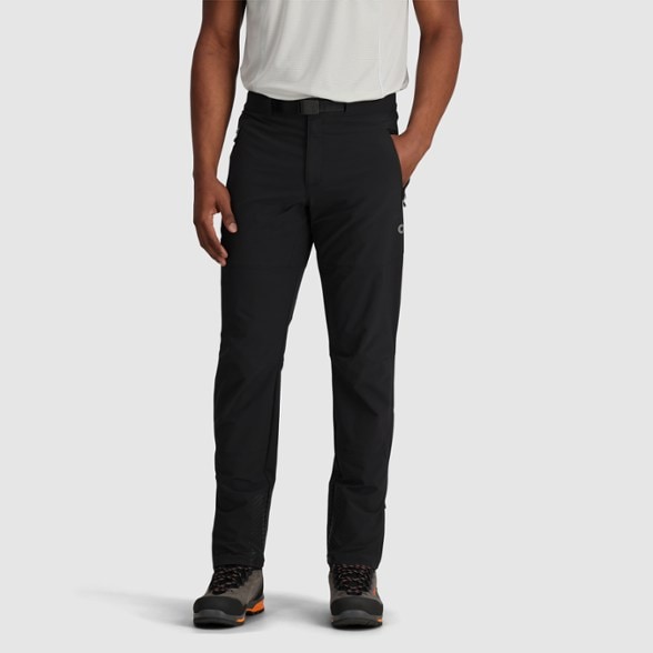Front angle of alpine pants showing integrated belt and slim-leg fit
