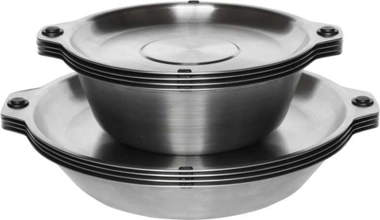 Magware magnetic bowls and plates set stacked for camping convenience.