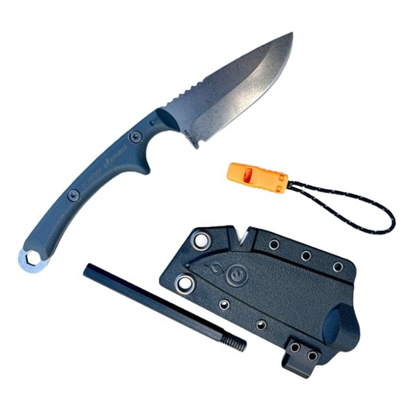 Adventure Pro Survival Knife with whistle attached, showing handle grip.