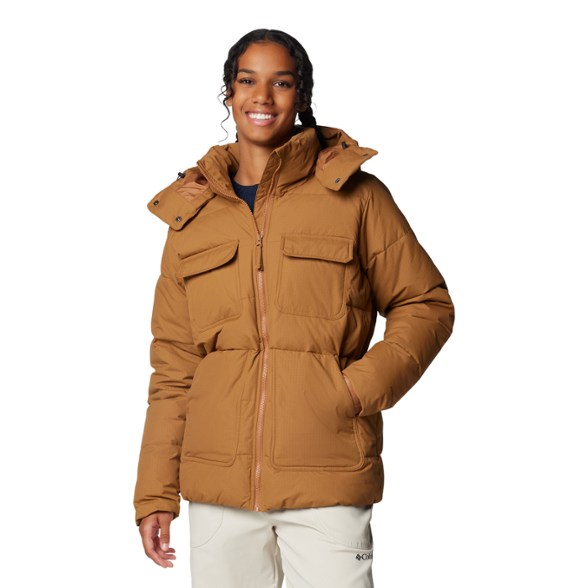 Front view of women's Columbia winter coat showing Omni-Heat panels and chest pocket details