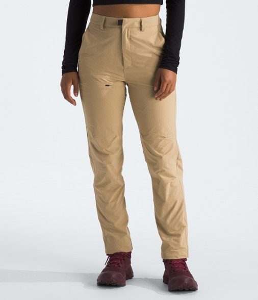 Front view of women's breathable hiking pants with mesh pockets and moisture-wicking fabric
