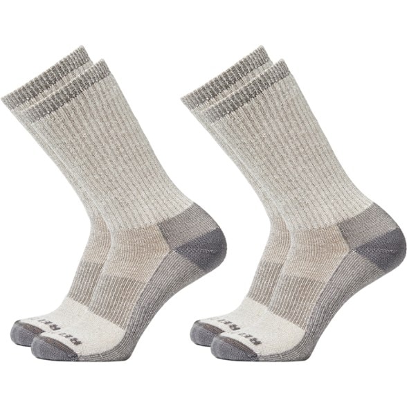 Close-up of merino wool hiking crew socks showing texture and fabric quality.