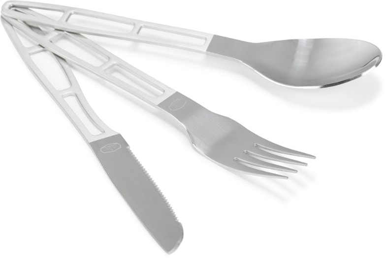 GlacierPro rustproof stainless steel camping utensils fork, knife, and spoon laid out on a wooden table, highlighting lightweight design