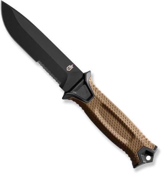 Gerber StrongArm knife showcasing serrated blade and rubberized grip from above.