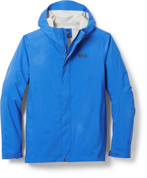 Front view of men's waterproof hiking jacket with adjustable hood and zippered pockets