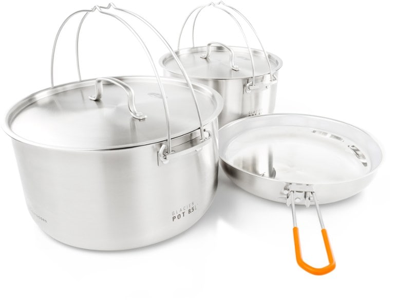 Glacier stainless steel cooking set with pots and pans for outdoor cooking.