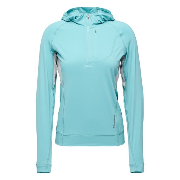 Front view of Alpenglow Pro Women's Water-Resistant Hoodie in action during a hike.