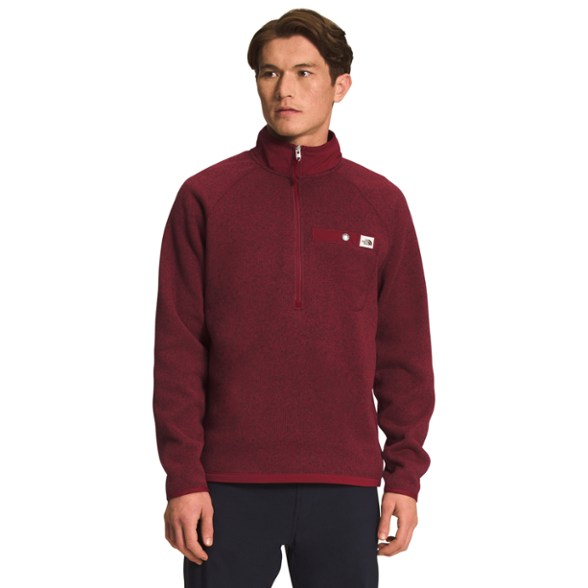 Front view of the EcoTherm quarter-zip sweatshirt worn outdoors in cold weather