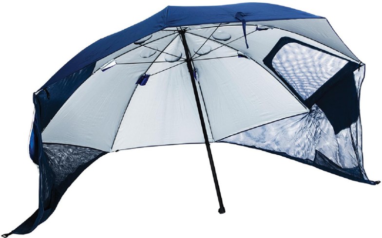 Ultimate sand-free beach umbrella with UV protection set up on a sunny beach