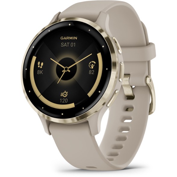 Garmin Venu 3S Pro fitness smartwatch displaying heart rate and GPS data during an outdoor run