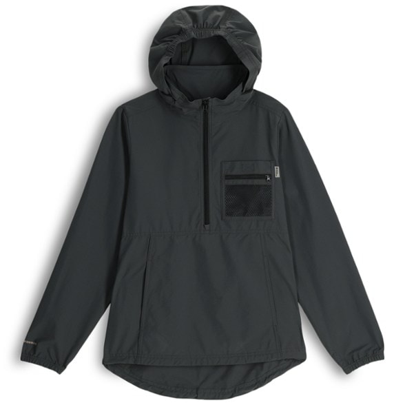Eco-friendly women's packable anorak showcasing its waterproof features and 3-piece hood.