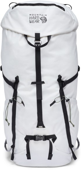 Front view of Mountain Hardwear Scrambler 35 waterproof backpack on a hiking trail.