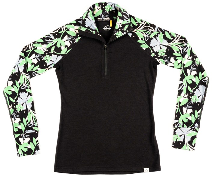 Front view of the merino wool top showing half-zip design and high neckline