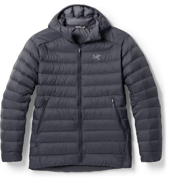 Front view of the eco-friendly men's down jacket showcasing its lightweight insulation.