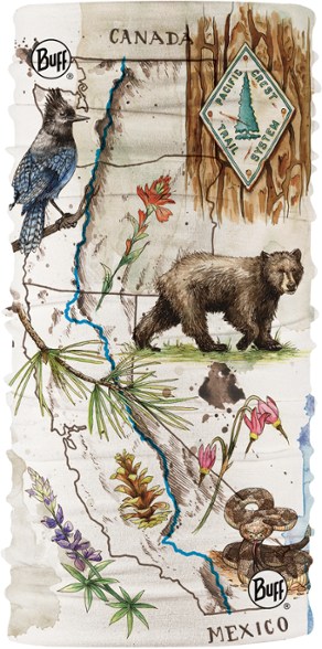 Pacific Crest Trail neckwear showing various wearing styles outdoors.