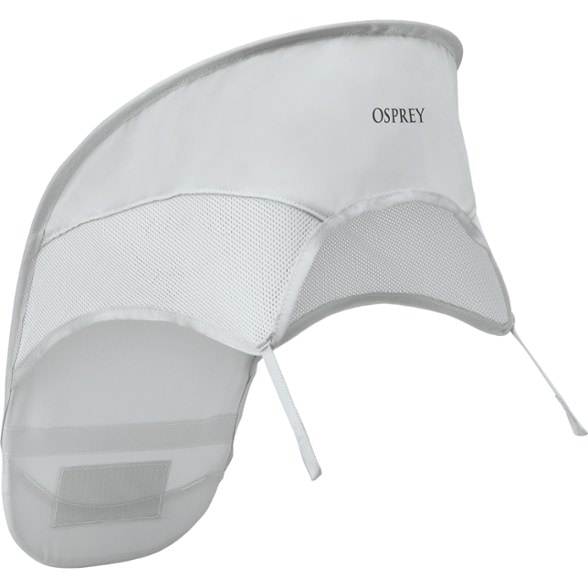 Osprey Poco LT Baby Sunshade attached to a child carrier in a sunny hiking environment.
