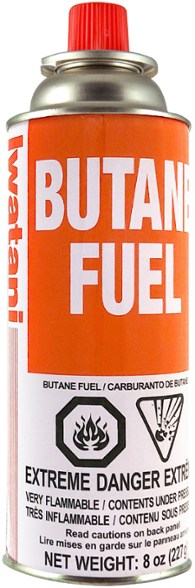 Iwatani 8 fl. oz. butane fuel canister with notched collar design for easy alignment.