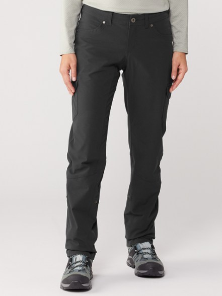 Front view of women's hiking pants rolled down, showcasing straight-leg fit and waistband design
