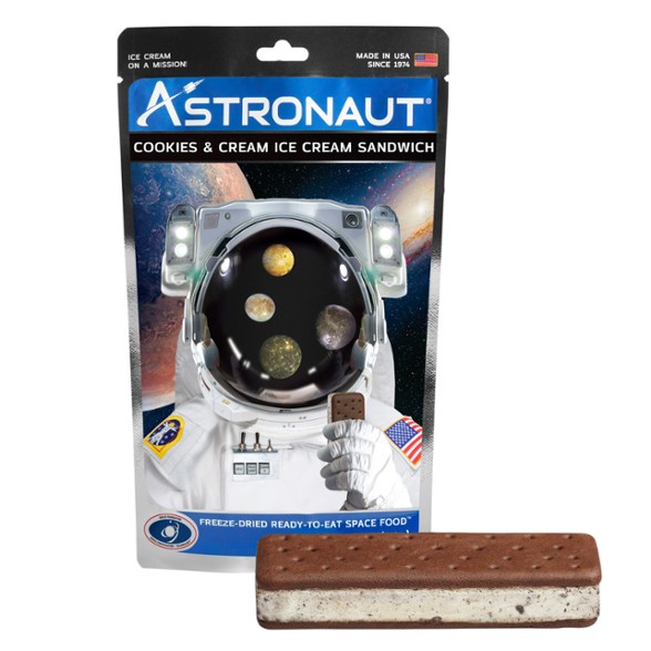 Close-up of Galactic Cookies & Cream Freeze-Dried Ice Cream Sandwich on a hiking trail.