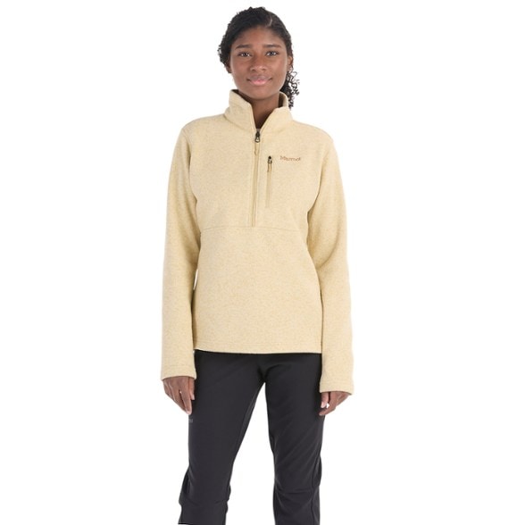 Front view of the Marmot women's lightweight half-zip fleece jacket, highlighting the zipper and collar design.