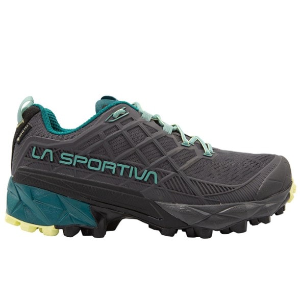 Side view of La Sportiva Akyra II GTX women's hiking shoes showcasing aggressive lugs and breathable mesh.