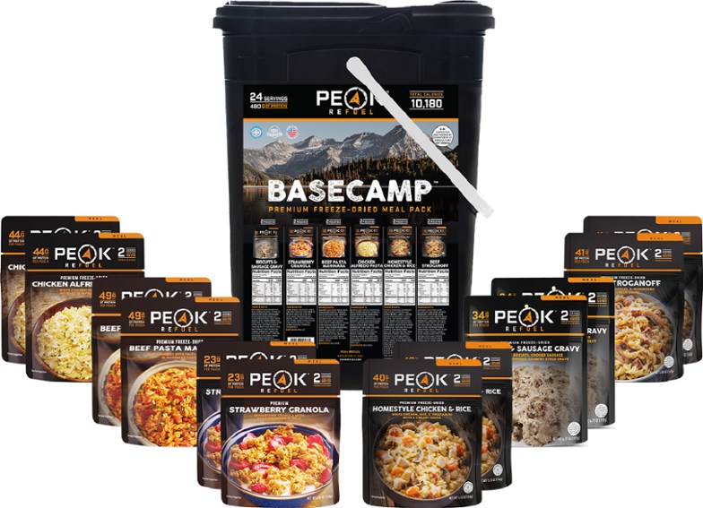 Close-up view of Peak Refuel Adventure Bucket showing high-protein meals for camping.