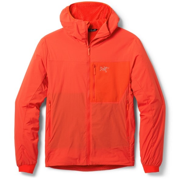 Close-up of the Arc'teryx Proton SL Lightweight Climbing Hoody showcasing its breathable fabric and insulation.