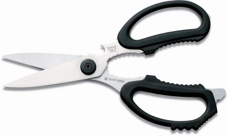 TrailBlazer camping knife and scissors set with garlic press feature on display.